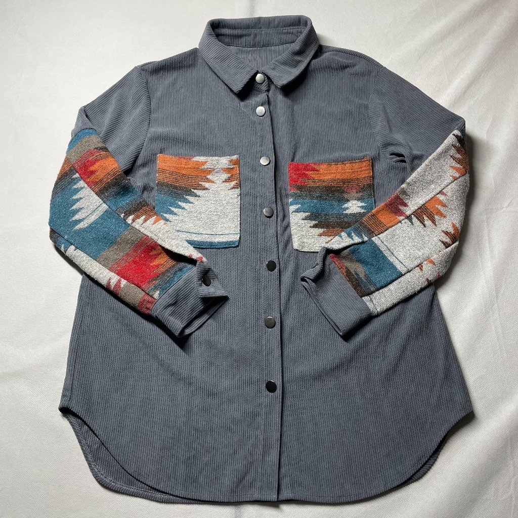 Unbranded Womens Gray Aztec Print Long Sleeve Corduroy Shacket Jacket Size L